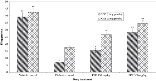 Figure 4. Effect of polyphenolic extract (PPE) on renal antioxidant enzymes from normal and strptozotocin treated diabetic rats. Values are expressed as mean SEM of six animasl in each group. **P < 0.01 and *P < 0.05 compare with diabetic animals.