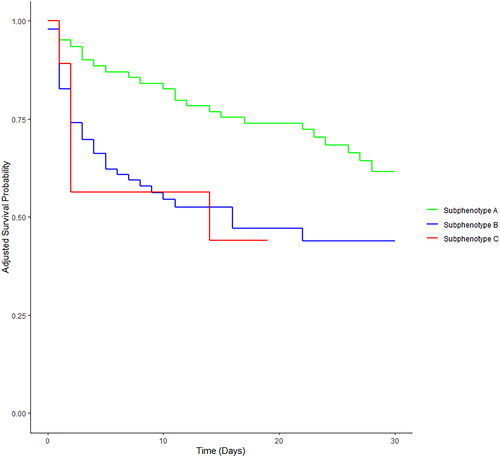 Figure 5. Adjusted composite in-hospital survival (no death or RRT initiation) curve for the different subphenotypes. With subphenotype A as the reference, the adjusted hazard ratio (aHR) [95%CI] for the composite in-hospital survival was 3.77 [1.92–7.42] (p < 0.001) for subphenotype B and 4.80 [1.67–13.82] (p = 0.004) for subphenotype C. Adjusted for age, renin–angiotensin system inhibitors, the nonrenal SOFA score at inclusion, lactate at inclusion, SAPS II, dobutamine support over the first 24 h, and fluid administered over the first 24 h.