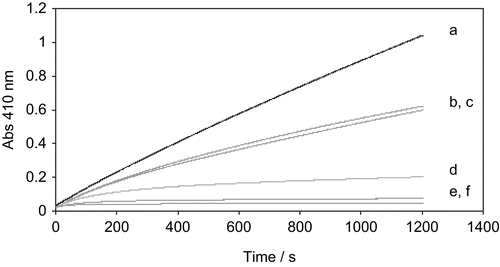 Figure 2.  Progress curves for the slow-binding inhibition of HLE by 4-oxo-β-lactam 3. Reaction conditions: [HLE] = 20 nM, [MeOSuc-Ala-Ala-Pro-Val-p-NA] = 1 mM, 0.1 M HEPES buffer, pH 7.2, 25 °C. [Citation3]: (a) 0; (b) 6.25; (c) 12.5; (d) 25; (e) 50; (f) 100 nM.