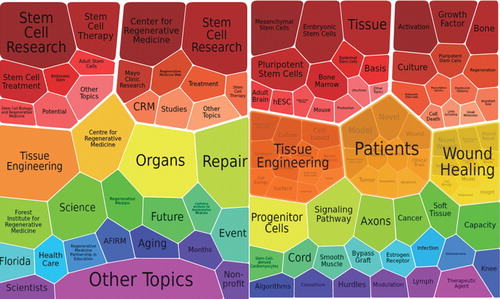Figure 1. A lightweight survey of major topics on the Internet on regenerative medicine is shown. The visualizations were generated by the Carrot system based on first 100 results of search on regenerative medicine. Left: search results from the web. Right: search results from the PubMed.