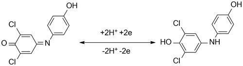 Figure 5. Principle of redox change of 2,6-dichlorphenoindophenol color: blue color (form in the left part) is changed to colorless form because of reduction by, for example, ascorbic acid.
