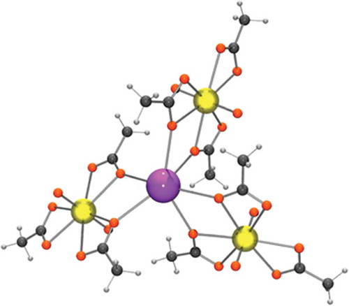 Figure 6. The coordination sphere of a potassium in potassium uranyl acetate. The potassium is purple, the uraniums are yellow, the oxygens are red, the carbons are dark grey and the hydrogens light grey.