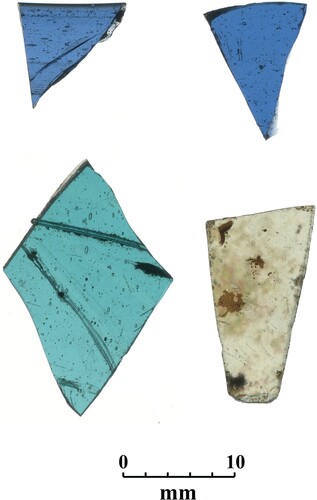 Figure 8. Fragments of late 7th–early 9th century a.d. vessel glass from Trench 2 (authors).