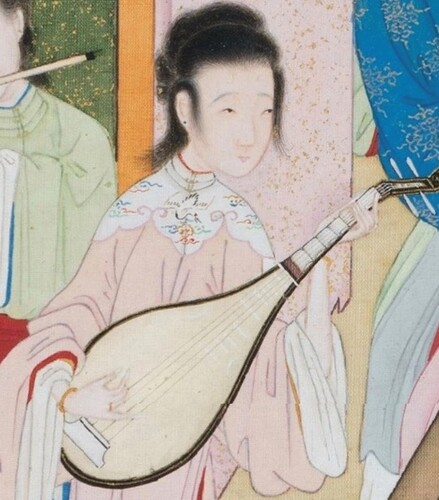 Fig. 3. A female entertainer plays the pipa. Her delicate, shapely fingers are an alluring point of focus as she displays her musical skills.Footnote118Source: “Ximen Foolishly Presents His New Wife, Mistress Ping, to His Worthless and Bibulous Guests 傻幫閑趨奉鬧華筵（金瓶梅插畫冊）.” The Nelson-Atkins Museum of Art, eighteenth century. Album leaf, ink and color on silk.