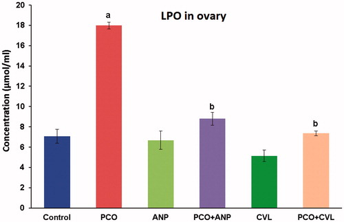 Figure 3. Comparative assessment of ovarian LPO in control and experimental groups of rats. aA significant difference between control and other treated groups at p < 0.05 level. bA significant difference among PCO−, PCO + ANP−, and PCO + CVL-treated groups at p < 0.05 level. CVL, carvedilol; ANP, ANGIPARS™; PCO, polycystic ovary; LPO, lipid peroxidation.