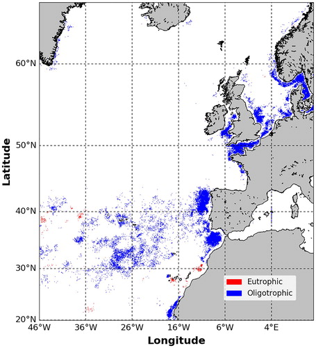 Figure 2.4.4. 2019 annual eutrophic (red) and oligotrophic(blue) flag indicator map calculated using the CMEMS Ocean Colour ATL REP dataset (OC-CCI, product reference 2.4.1). Active eutrophic flags indicate that more than 25% of the valid observations were above the 1998–2017 P90 climatological reference. Active oligotrophic flags indicate that more than 25% of the valid observations were below the 1998–2017 P10 climatological reference.