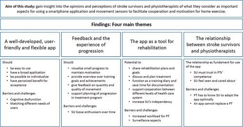Figure 2. Main themes and summary of the stroke survivors’ (SU) and physiotherapists’ (PT) opinions and perceptions.