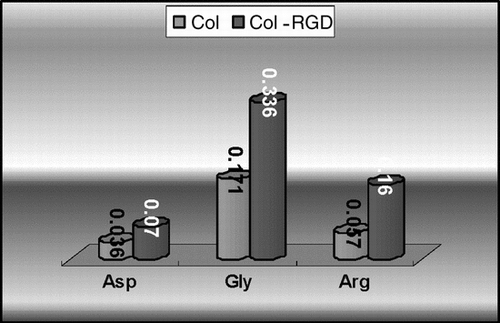 Figure 2 Comparison of three amino acid contents in Col and Col-RGD matrices.
