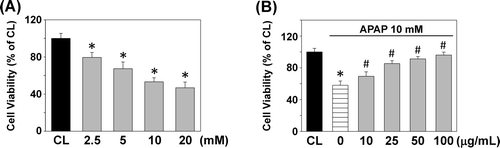 Figure 1.  (A) Dose-dependent effect of acetaminophen (APAP) on clone-9 hepatocyte viability. Results have been given as percentage over control (CL). Cells were kept as CL or treated with different concentrations (0−20 mM) of APAP for 24 h. The cell viability was detected by MTT assay. Each bar represents the mean ± standard error of the mean (SEM) from six independent experiments. *p < 0.05 versus CL. (B) Dose-dependent effect of the aqueous extract of T. sarmentosa against APAP-induced toxic effect on cell viability. Cells were kept as CL or stimulated with 10 mM APAP for 24 h. Before stimulated with APAP, clone-9 cells were pretreated with 0−100 μg/mL aqueous extract of T. sarmentosa for 1 h. The cell viability was detected by MTT assay. Each bar represents the mean ± SEM from six independent experiments. *p < 0.05 versus CL. #p < 0.05 versus APAP-treated cells.