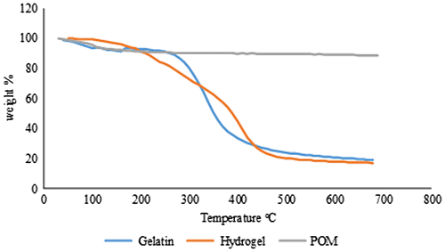 Figure 11. TGA plots of gelatin, tungstophosphate sodium salt and hydrogel.