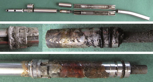 Figure 8. Examples of a sectioned STRYDE (top panel), corroded bushing (middle panel), and presence of biological material on internal components. Biological origin was verified with EDS analysis showing a high oxygen content (bottom panel).