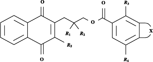 Figure 1 Structures of rhinacanthin–M (1), –N (14), –Q (15) and related naphthoquinone esters (2–13, 16–42).