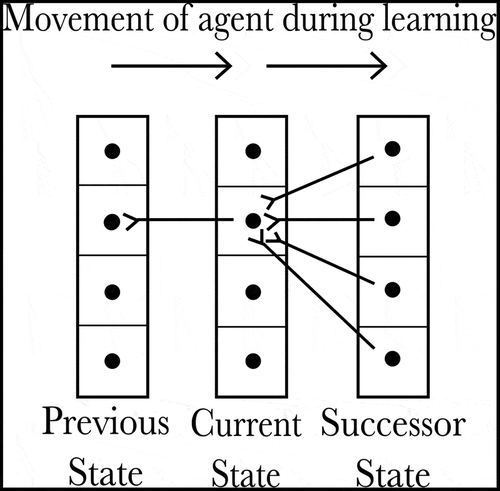 Figure 2. The pattern of connectivity between SA Cells encoding a reverse causal model. All SA cells within a given column encode the same state, and each SA cell encodes a different state-action combination. We hypothesize that each SA cell should receive a set of afferent synapses from all of the SA cells encoding its predicted successor state, allowing cells in a successor state to activate the SA cell responsible for entering that successor state. Likewise, each SA cell sends an efferent synapse to any SA cells that will result in the SA cell’s own encoded state