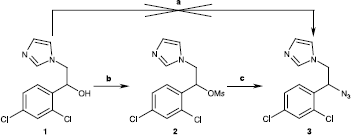 Scheme 1 Synthesis of compounds 2 and 3. Reagent: (a) BF3.Et2O, NaN3, THF, 0°C; (b) MsCl, NEt3, CH2Cl2, 0°C, 99%; (c) NaN3, DMF, RT, 92%.