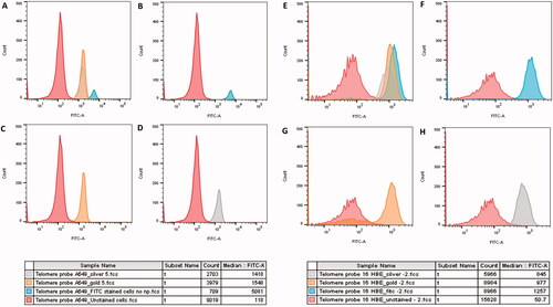 Figure 10. Flow cytometry histograms depicting the Tel-C FITC-A fluorescence emitted following 24-h exposure to 8.68 × 10−3 mg/mL Au and 1.66 × 10−5mg/mL Ag ENPs on A549 (A–D) and 16HBE14o− (E–H) cells. (A) and (E) display an overlay of all two ENP exposures and controls, whilst (B) and (F) shows the negative, unstained control and the positive Tel-C FITC only stained positive control. Shifts in FITC-A fluorescence indicating Tel-C FITC probe and telomere hybridization following Au (C, G), and Ag (D, H) ENP exposure. Color key below displays the average median FITC-A fluorescence. Data is presented as the mean ± SEM of three biological replicates.