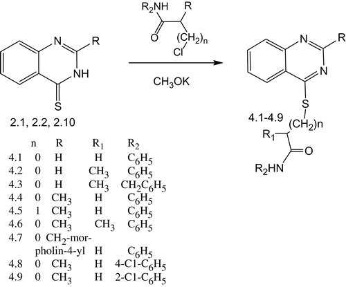 Scheme 5. Synthesis of the (2-R-quinazolin-4(3H)-ylthio)carboxylic acids amides.