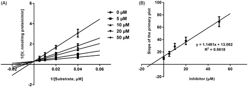 Figure 4. Lineweaver–Burk plots (A) and the secondary plot for Ki (B) of effects of bergenin on CYP2E1 catalyzed reactions (chlorzoxazone 6-hydroxylation) in pooled HLM. Data were obtained from 30 min incubation with diclofenac (25–250 μM) in the absence or presence of bergenin (0–50 μM). All data represent mean ± S.D. of the triplicate incubations.