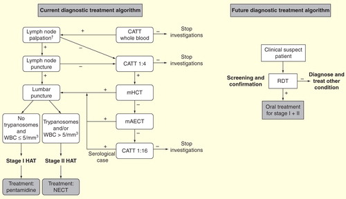 Figure 6. Present and potential future diagnosis treatment algorithms for second-stage gambiense human African trypanosomiasis.