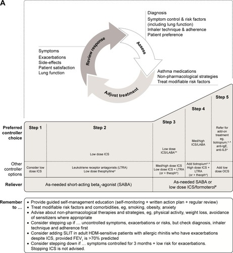 Figure 1 Stepwise approach for the treatment of asthma in (A) patients aged 6 years and over and (B) children under 6 years of age, as recommended in the GINA Report.