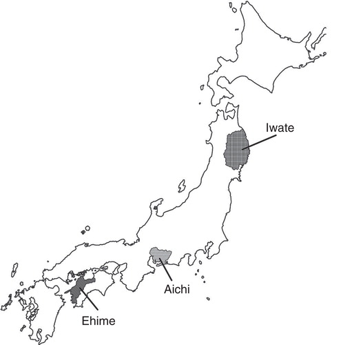 Figure 1. The three prefectures selected for the epidemiological study of sudden sensorineural hearing loss (SSNHL) in Japan.