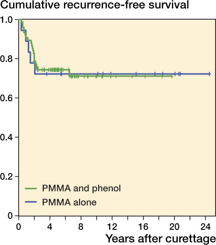 Figure 2. Kaplan-Meier estimated recurrence-free survival of primary GCTBs treated with curettage with PMMA and phenol (n = 75; green) or PMMA alone (n = 18; blue ) (p = 0.94).