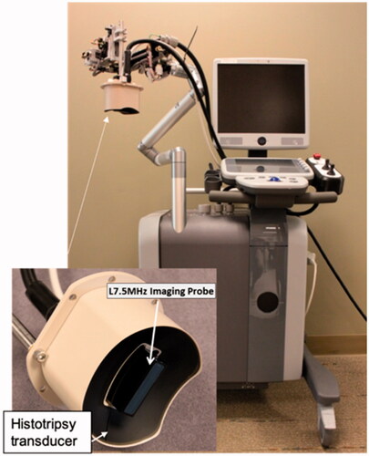 Figure 4. An ultrasound-guided histotripsy system that contains an ultrasound imaging engine, a histotripsy transducer with the imaging probe in the center (insert), a positioning arm that mechanically moves the histotripsy transducer.