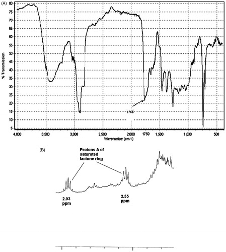Figure 1. The terpenoid fraction of A. khorassanica. (A) IR spectrum showing absorption of carbonyl function at 1765 cm−1. (B) Expanded 1H-NMR spectrum showing quintet signals of A Protons of saturated γ-lactone ring.