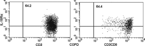 Figure 5.  A representative three-color flow cytometric analysis of IL-18Rα expression on CD3+ cells (T lymphocytes) and CD3+CD8+ cells (CD8+ T lymphocytes) in a stable chronic obstructive pulmonary disease patient (COPD). The number in each panel indicates a percentage of IL-18Rα-positive cells gated in CD3+ cells or CD3+CD8+ cells.