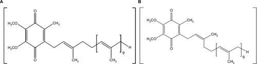 Figure 3 Isomeric forms of CoQ10. (A) Natural all-trans form, (B) synthetic (-cis and -trans) form.