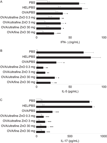 Figure 4.  Effect of zinc oxide (ZnO) on the suppression of interferon (IFN)γ, interleukin (IL-5), and IL-17 secretion by cells from hosts that had been gavaged with the test antigen. All mice were immunized with ovalbumin (OVA) on Day 0. To induce oral tolerance, mice were gavaged once with 25 mg of OVA dissolved in phosphate-buffered saline (PBS) on Day −5. As controls, PBS or 25 mg hen egg lysozyme (HEL) were provided in place of OVA at the time of gavage. To examine the effect of ZnO on oral tolerance, PBS, 0.3, 3, or 30 mg of ultrafine ZnO, or 30 mg of fine ZnO were administered at the same time when the mice were gavaged. On Day 21, spleens were removed and splenocytes were incubated with (solid columns) or without (open columns) 100 µg OVA/mL followed by measurement of IFNγ (A), IL-5 (B), and IL-17 (C) in the culture supernatant. Values are expressed as mean (± SEM) concentrations (of each cytokine) of triplicate samples from culture supernatants of cells pooled from six mice. Y-axis tags indicate what the mice received during gavage on Day −5. *p < 0.05, **p < 0.01, and ***p < 0.001 versus PBS treatment group (Dunnett’s test).