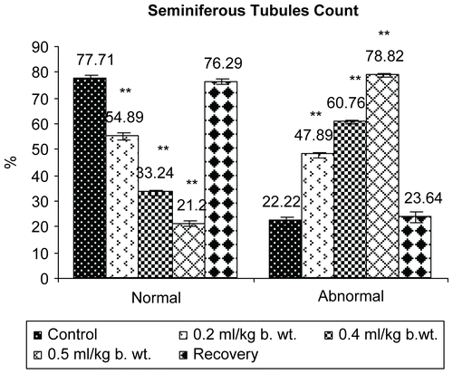 Figure 8.  Effect of administration of Myristica fragrans Oil on the seminiferous tubule diameter of male albino rats.