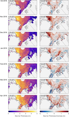 Figure 4.1.2. Left column: Sea ice thickness based on CryoSat-2 radar altimeter data for the Arctic winter month of October 2018 through April 2019 (product 4.1.3 and 4.1.4). Right column: Sea-ice thickness anomaly computed as the difference between monthly grid values (left column) to a mean thickness from the previous months in the CryoSat-2 data record since November 2010. The outlined box indicates the Svalbard-Barents Sea region (0–40°E, 72°N–85°N).