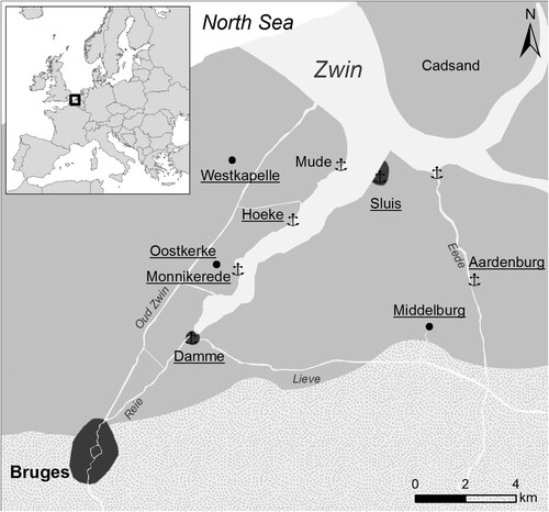 Figure 1. The medieval harbour town of Hoeke was located in the centre of the Bruges outer harbour system, situated along the tidal inlet “Zwin”. (Copyright: Ghent University).