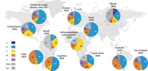 Figure 3. IMD percentage serogroup distribution across worldwide regions in recent years. IMD=invasive meningococcal disease; NG=nongroupable. *Serogroup A is included in the “other” category. †Serogroups other than B, C, W, and Y are included in the NG category. ‡Specific countries include Benin, Burkina Faso, Cameroon, Central African Republic, Ghana, Mali, Niger, Nigeria, Senegal, South Sudan, Chad, and Togo. Reproduced under the terms of the Creative Commons Attribution license (https://creativecommons.org/licenses/by/4.0/) from Pardo de Santayana C et al. Epidemiol Infect. 2023;151:e57 [Citation9].