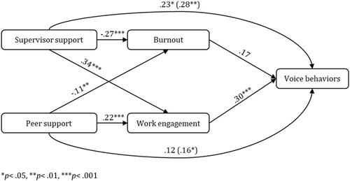 Figure 2. Results of the mediation analysis including the independent variables (supervisor and peer support), the mediators (burnout and work engagement) and the dependent variable (voice behaviors). *p< .05, **p< .01, ***p< .001. The path coefficients in parentheses represent the total effects (Step 3). Coefficients of the control variables years of experience, type of contract and work location were omitted for figure clarity.