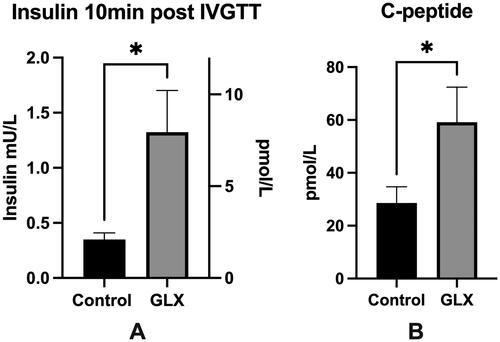 Figure 2. GLX7013159-treated mice display higher insulin levels 10 min post IVGTT and higher human C-peptide.(A) An intravenous glucose tolerance test (2g glucose/kg BW) was conducted 1-2 days prior to end of the experiment. Blood samples were withdrawn 10 minutes after glucose injection. Mice receiving GLX7013159 (GLX) had higher serum insulin levels compared to control mice (p < 0.05 using Student’s unpaired t-test; n = 7–8 animals in each group). All values are given as means ± SEM. (B) Plasma collected at the termination of the experiment was analyzed using an ultrasensitive human C-peptide ELISA (Mercodia), GLX7013159-treated mice (GLX) had higher levels of human C-peptide compared to controls (p < 0.05 using Student’s unpaired t-test; n = 7–8 animals in each group). All values are given as means ± SEM.