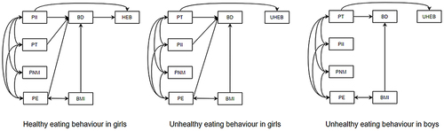 Figure 1 Primary association pathways of parental stress on children’s appearance, BMI, body dissatisfaction, and eating behaviour.
