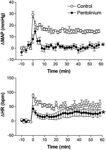 Figure 2. Mean arterial pressure (ΔMAP) and heart rate (ΔHR) changes with time during restraint in the vehicle-treated control group (1 mL/kg, i.v., n = 6) and pentolinium-treated group (5 mg/kg, i.v., n = 6). Drugs were injected at t = −10 min. The onset of restraint is at t = 0. *Significantly different from control. p < 0.05; two-way ANOVA.