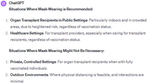 Figure 1. Summary of ChatGPT 4.0 Perspectives on Mask-Wearing Recommendations for Organ Transplant Recipients and Providers.