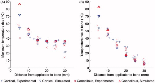 Figure 8. The maximum temperature increase measured at the end of each 10-min ablation of a phantom with an embedded bone is plotted in A. The temperature increase at the bone surface at the end of each trial is plotted in B. Peak (A) and bone (B) temperature increases produced by simulations using the constant transmission longitudinal model (model B) are superimposed.