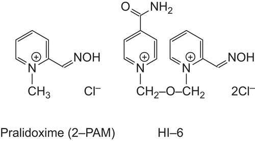 Figure 1.  AChE reactivators. Pralidoxime (2-PAM) as a representative of reactivators with one pyridinium ring and HI-6 as the most typical bisquaternary oxime.