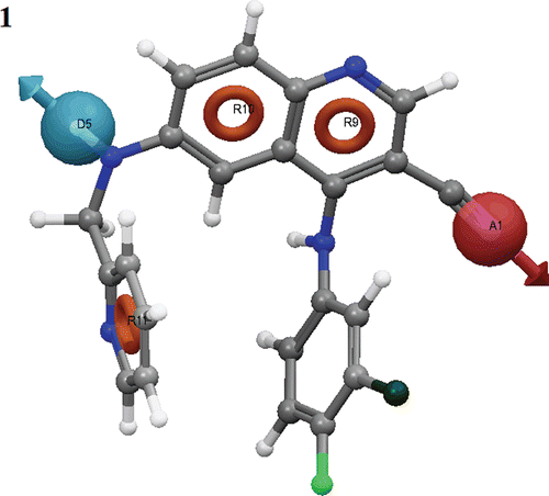 Figure 1.  Common pharmacophore for active ligands (three aromatic rings (grey circle)), one H-donor (blue sphere with single arrow) and one acceptor (pink sphere with one arrow).