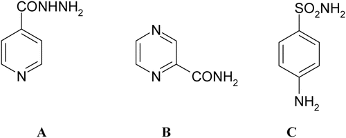 Figure 1.  Structures of compounds isoniazide, pyrazinamide and sulphanilamide.