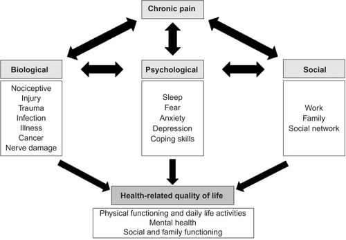 Figure 1 Biopsychosocial model of pain and consequences on the quality of life.