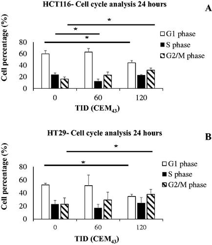 Figure 4. The effect of heat on the regulation of the cell cycle in colon cancer cells. Results of HCT116 (A) and HT29 (B) cell cycle analysis 24 h after treatment with TIDs of 0, 60, or 120CEM43. Results are presented as means ± Std. dev of n = 3 independent experiments. Statistical significance where it exists between cells exposed to a TID of 60 and/or 120CEM43 and sham-exposed cells is denoted with an asterisk ‘⋆‘, and is assumed at p < .05.