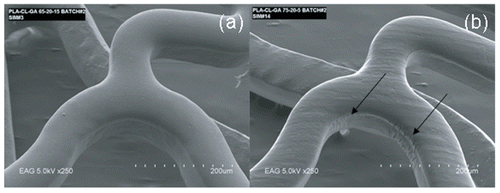 Figure 3.  SEM images of LA:CL:GA terpolymer coated stents, using (a) terpolymer 2 (60:17:23) and (b) terpolymer 4 (77:17:6). Cracks in the coating of (b) are indicated by the arrows.