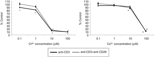 Figure 2.  T-lymphocyte proliferation following anti-CD3 ± anti-CD28 activation and exposure to varying concentrations of Cr6+ and Co2+ ions for 48 h. A value of 100% indicates unexposed control cells; results are means ± SE (n = 12). *Significantly different from control values (at p < 0.05) by one-way analysis of variance (ANOVA) followed by Dunnett’s multiple comparison test.
