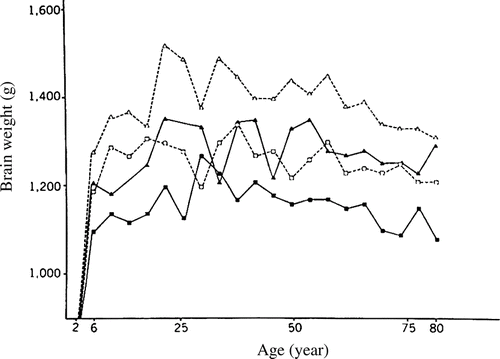 Figure 1 Mean brain weight for 4-year age periods in various subgroups. Brain weight is plotted at midpoint of each age period (e.g., the point at age 6 years represents the average for subjects between 4 and 8 years; White men, open triangles; Black men, solid triangles; White women, open squares; Black women, solid squares). Differences in brain weights among various groups become apparent at age 6 years. (From Ho et al., Citation1980, p. 636, Figure 2.)