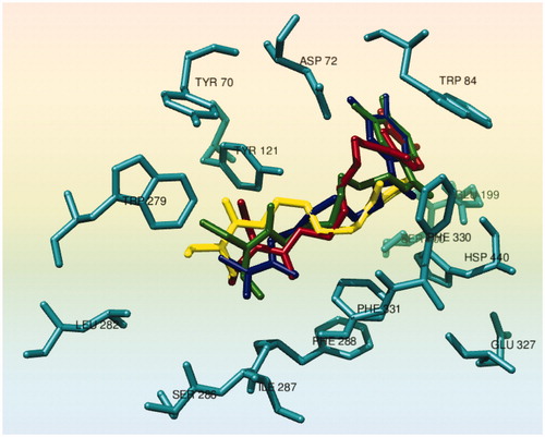 Figure 2. Docking conformations of carbamates 8 (yellow), 9 (blue), 10 (red) and 11 (green) in the active site of TcAChE (1EVE). The selected aminoacids are dark cyan colored.