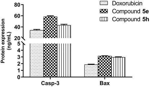 Figure 9. Measurement of caspase-3 (Casp-3) and Bax protein levels after treatment of compounds 5e and 5h in HCT-116 cancer cells compared to 0.1% DMSO (negative control). The cells were treated with the IC50 concentrations of compounds for 24h and data were shown as mean ± SEM of three independent experiments (n = 3).